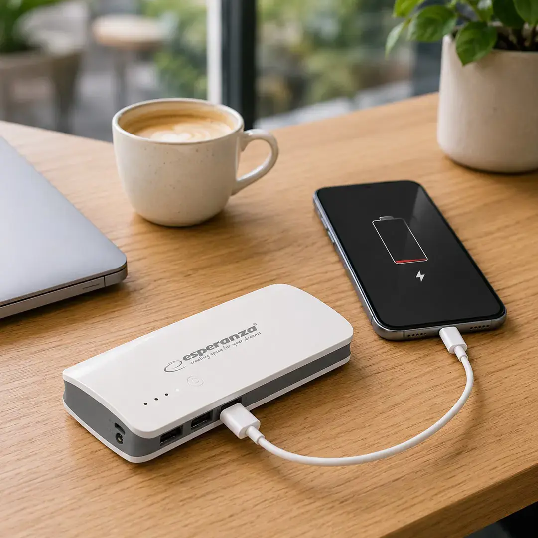 "PowerBank Esperanza Radium EMP106WE" (8000 mAh; microUSB, USB 2.0; baltos spalvos)