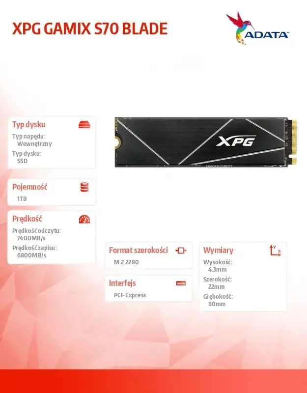 SSD diskas ADATA XPG Gammix S70 BLADE 1000 GB, M.2 2280, PCIe Gen4x4