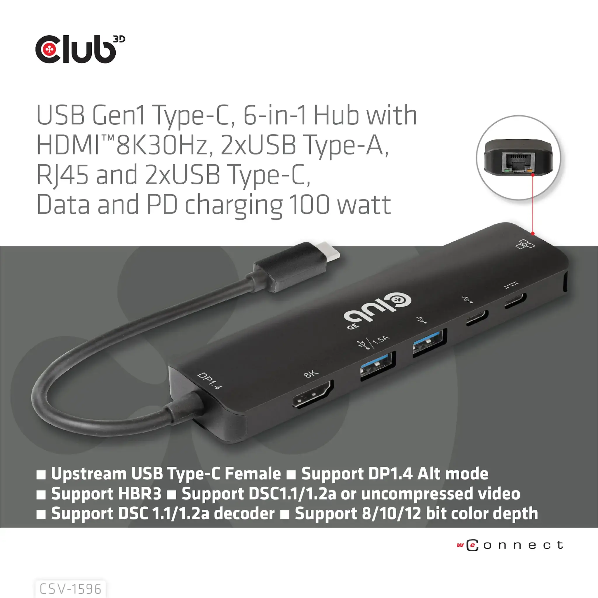 CLUB3D USB Gen1 Type-C, 6-in-1 Hub with HDMI 8K30Hz, 2xUSB Type-A, RJ45 and 2xUSB Type-C, Data and PD charging 100 watt, USB 3.2 Gen 1 (3.1 Gen 1) Type-C, HDMI, RJ-45, USB 3.2 Gen 1 (3.1 Gen 1) Type-A, USB 3.2 Gen 1 (3.1 Gen 1) Type-C, 5000 Mbit/s, 120 Hz, 7680 x 4320 pixels, Black
