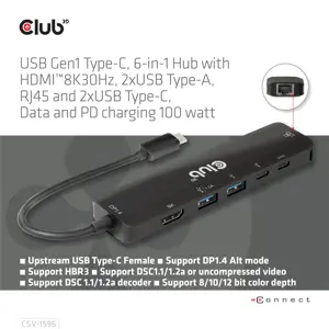 CLUB3D USB Gen1 Type-C, 6-in-1 Hub with HDMI 8K30Hz, 2xUSB Type-A, RJ45 and 2xUSB Type-C, Data and PD charging 100 watt, USB 3.2 Gen 1 (3.1 Gen 1) Type-C, HDMI, RJ-45, USB 3.2 Gen 1 (3.1 Gen 1) Type-A, USB 3.2 Gen 1 (3.1 Gen 1) Type-C, 5000 Mbit/s, 120 Hz, 7680 x 4320 pixels, Black