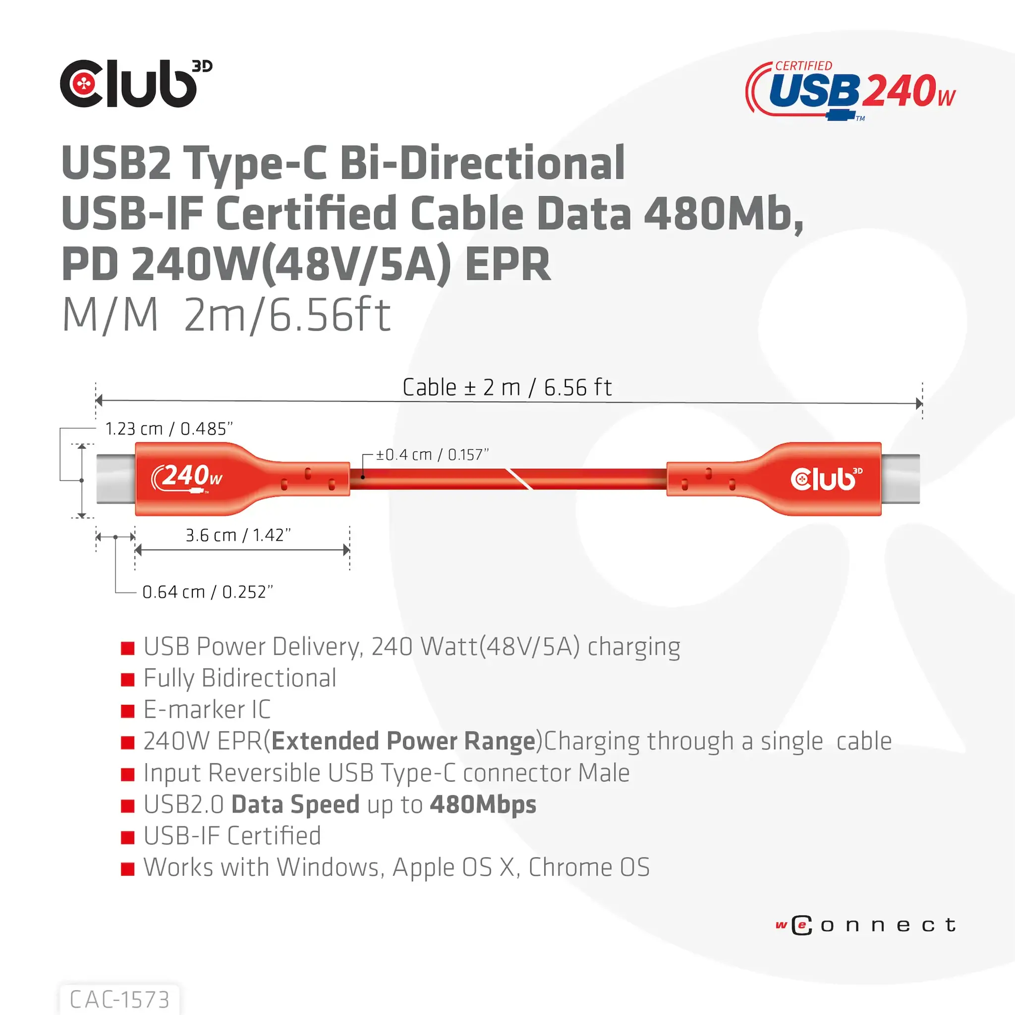 CLUB3D USB2 Type-C Bi-Directional Cable, Data 480Mb,PD 240W(48V/5A) EPR M/M 2m, 2 m, USB C, USB C, USB4 Gen 2x2, Red