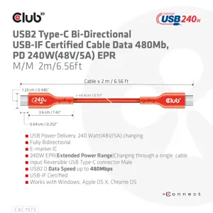 CLUB3D USB2 Type-C Bi-Directional Cable, Data 480Mb,PD 240W(48V/5A) EPR M/M 2m, 2 m, USB C, USB C, USB4 Gen 2x2, Red