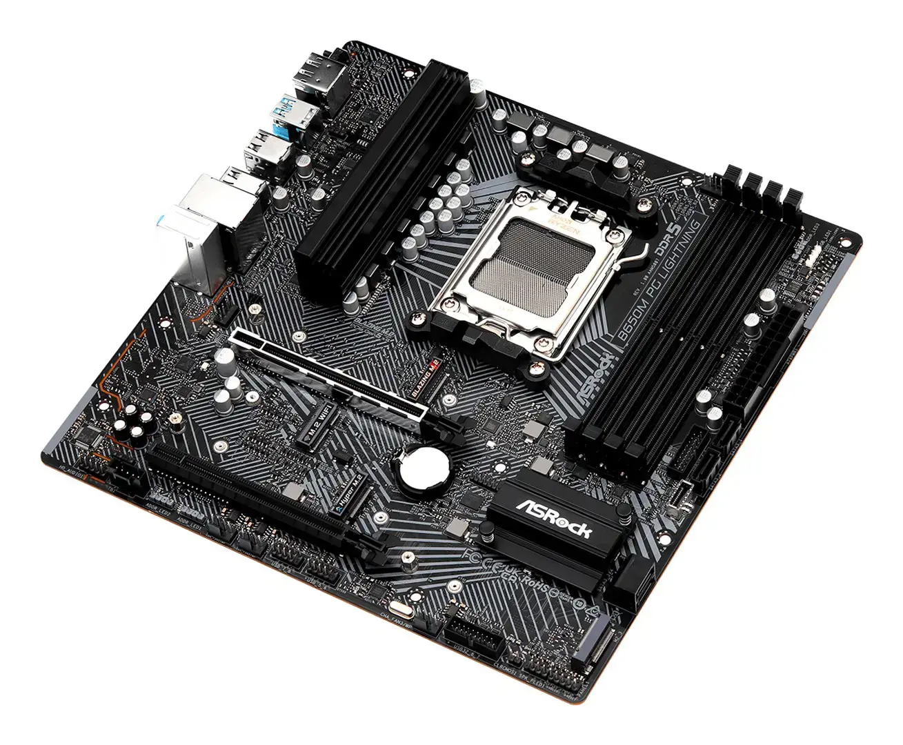 Pagrindinė plokštė ASROCK AMD B650 SAM5 Micro-ATX Atmintis DDR5 Atminties lizdai 4 1xPCI-Express 3.0 16x 1xPCI-Express 4.0 16x 3xM.2 1xHDMI 1xDisplayPort 4xUSB 2.0 3xUSB 3.2 1xUSB-C 1xRJ45 3xAudio prievadas B650MPGLIGHTNING