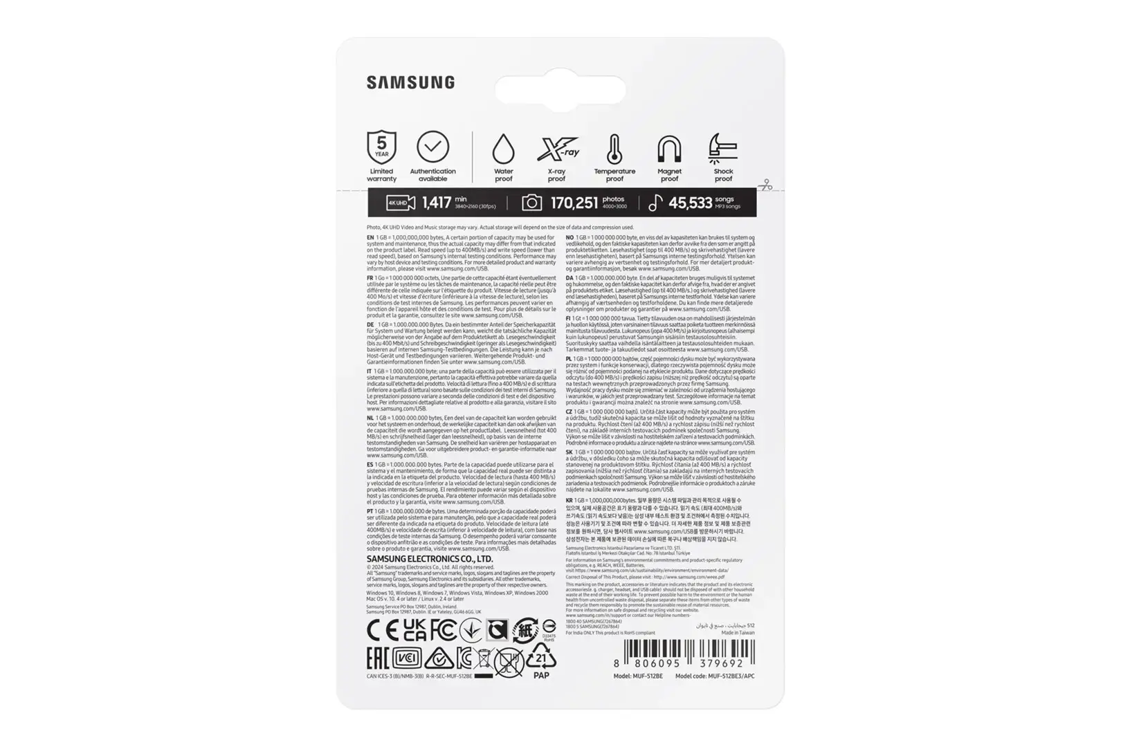 Samsung MUF-512BE, 512 GB, USB Type-A, 3.2 Gen 1 (3.1 Gen 1), 400 MB/s, Capless, Silver