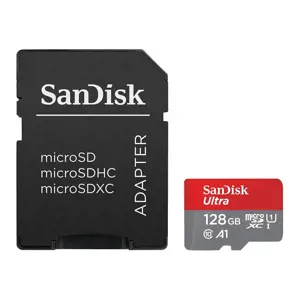 "SanDisk Ultra microSDXC" 128GB + SD adapteris 140MB/s A1 10 klasės UHS-I; EAN:619659200558