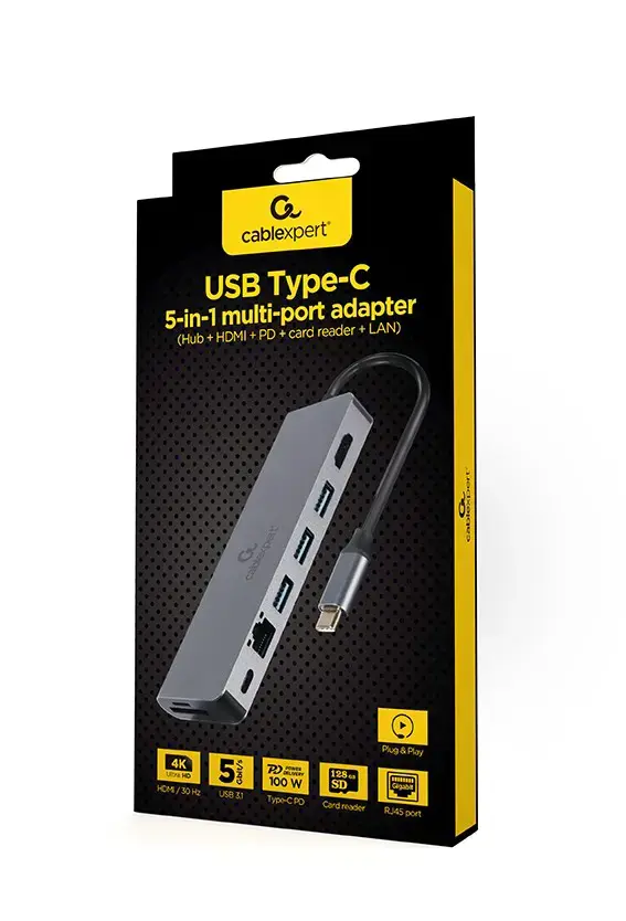 GEMBIRD A-CM-COMBO5-05 kelių prievadų adapteris USB tipo C 5in1 šakotuvas + HDMI + PD + kortelių skaitytuvas + LAN