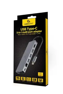 GEMBIRD A-CM-COMBO5-05 kelių prievadų adapteris USB tipo C 5in1 šakotuvas + HDMI + PD + kortelių skaitytuvas + LAN