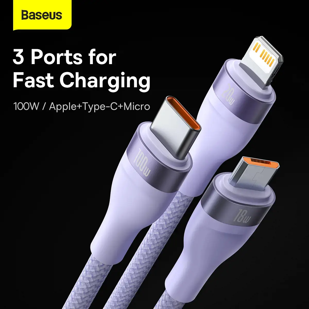 Baseus Flash Series II USB Type C | USB Type A cable - USB Type C | Lightning | micro USB 100 W 1.2 m purple (CASS030105)