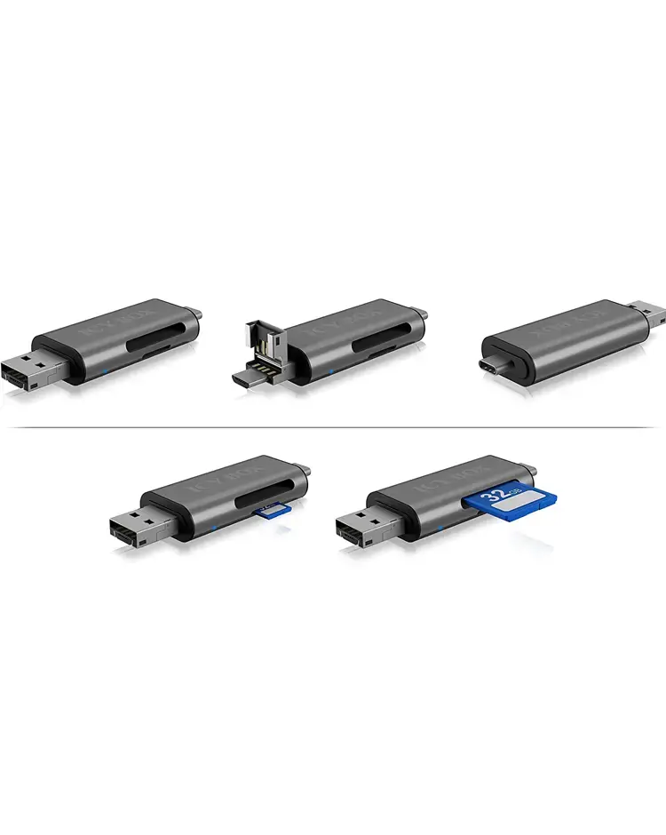 ICY BOX IB-CR200-C, MicroSD (TransFlash), SD, juoda, 480 Mbps, aliuminis, plastikas, 128 GB, USB 2.0