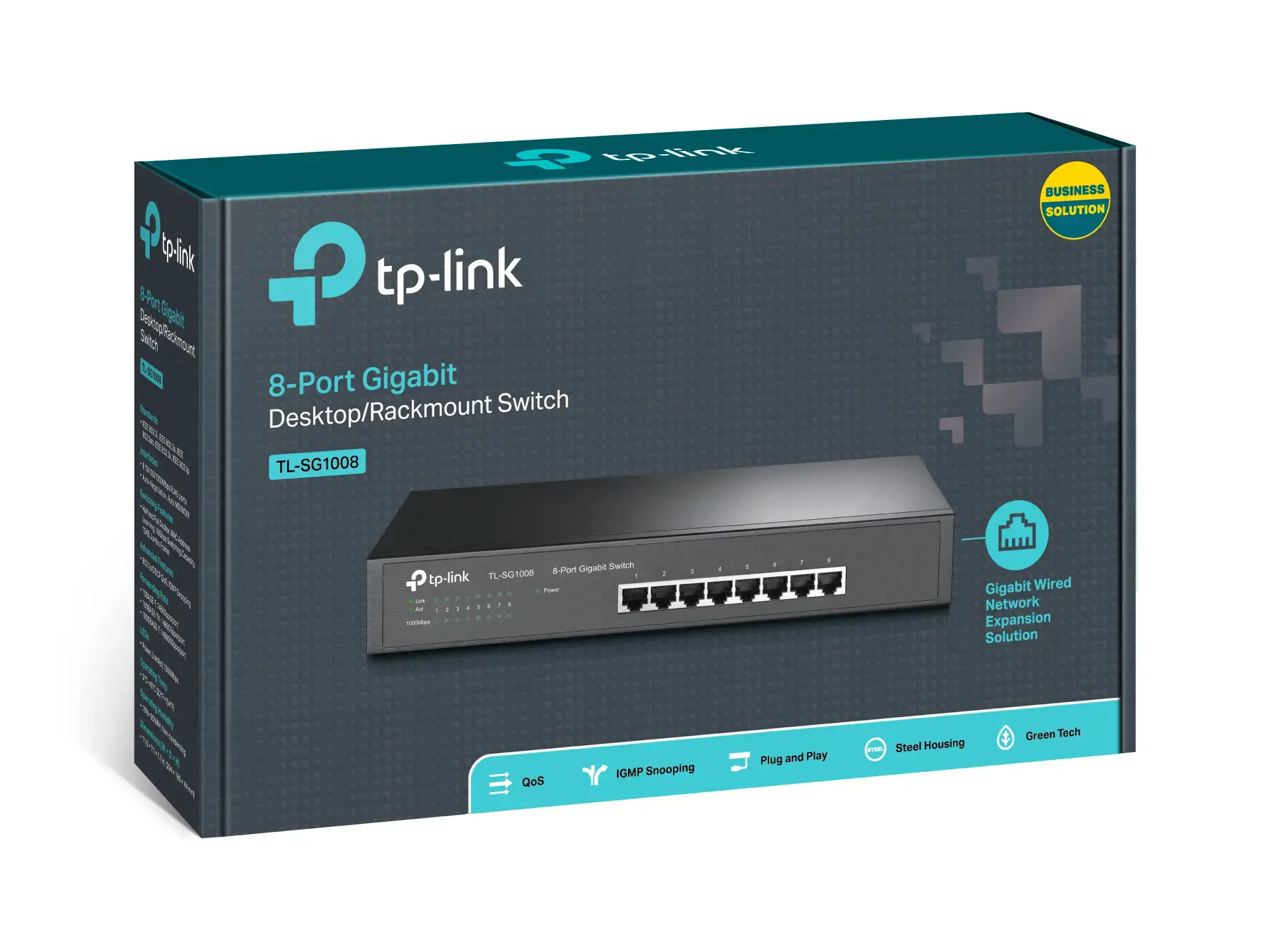 "TP-Link" 8 prievadų Gigabit tinklo komutatorius, nevaldomas, Gigabit Ethernet (10/100/1000), dvipusis duomenų perdavimas, montuojamas į stovą, 1U
