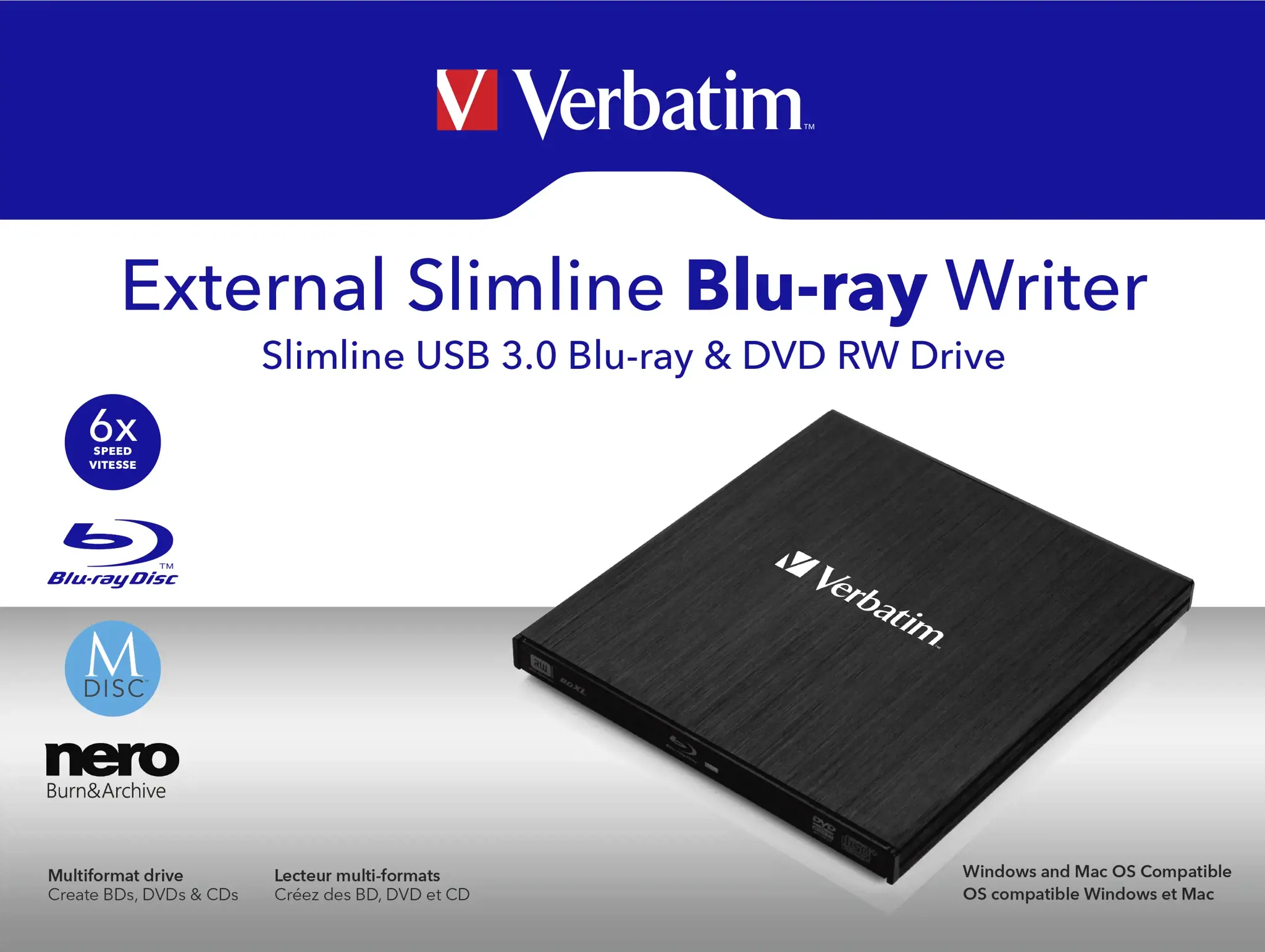 "Verbatim" išorinis plonas, juodas, lizdas, stalinis / nešiojamasis kompiuteris, "Blu-Ray RW", USB 3.2 Gen 1 (3.1 Gen 1), 145 mm