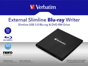 "Verbatim" išorinis plonas, juodas, lizdas, stalinis / nešiojamasis kompiuteris, "Blu-Ray RW", USB 3.2 Gen 1 (3.1 Gen 1), 145 mm