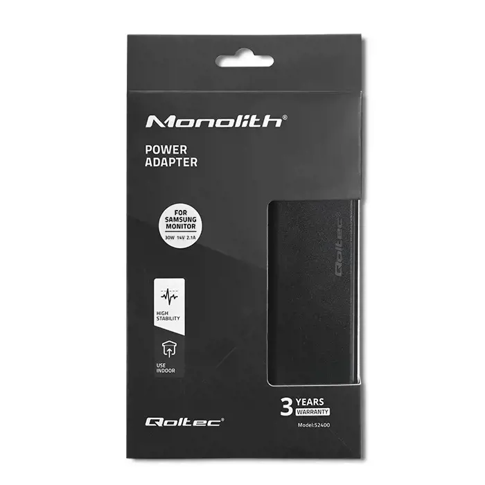QOLTEC 52400 "Samsung" monitoriaus maitinimo adapteris 30 W / 14 V / 2,1 A / 6,5x4,4 kontakto / maitinimo kabelis