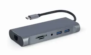 GEMBIRD A-CM-COMBO7-01 kelių prievadų adapteris USB C tipo Hub3.0 HDMI VGA PD kortelių skaitytuvas stereofoninis garsas erdvinis pilkas