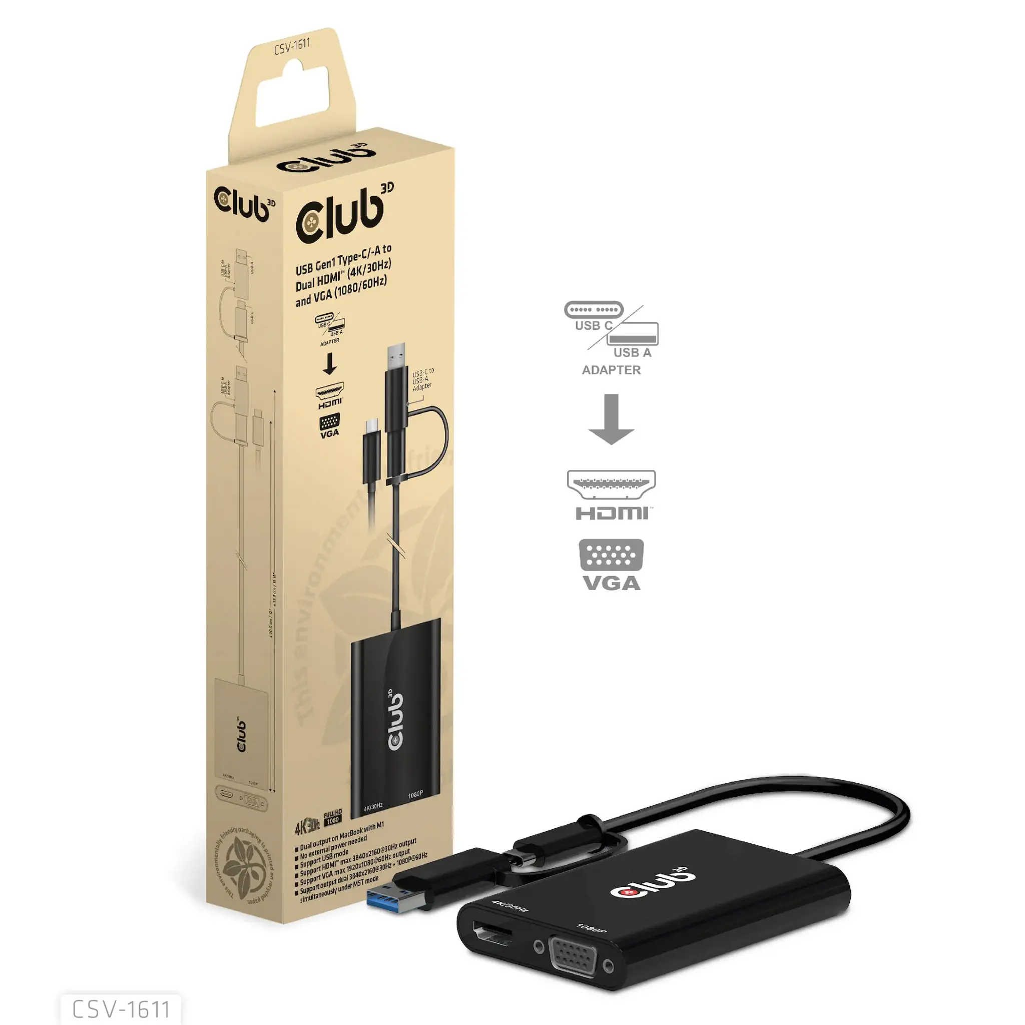 CLUB3D USB Gen1 Type-C/-A to Dual HDMI (4K/30Hz) / VGA (1080/60Hz), 0.22 m, USB Type-C, HDMI + VGA (D-Sub), Male, Female, Straight