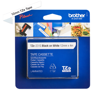 Brother TZE-231S, juoda ant balto, TZe, 1,2 cm, 4 m, lizdinė plokštelė, 1,2 cm