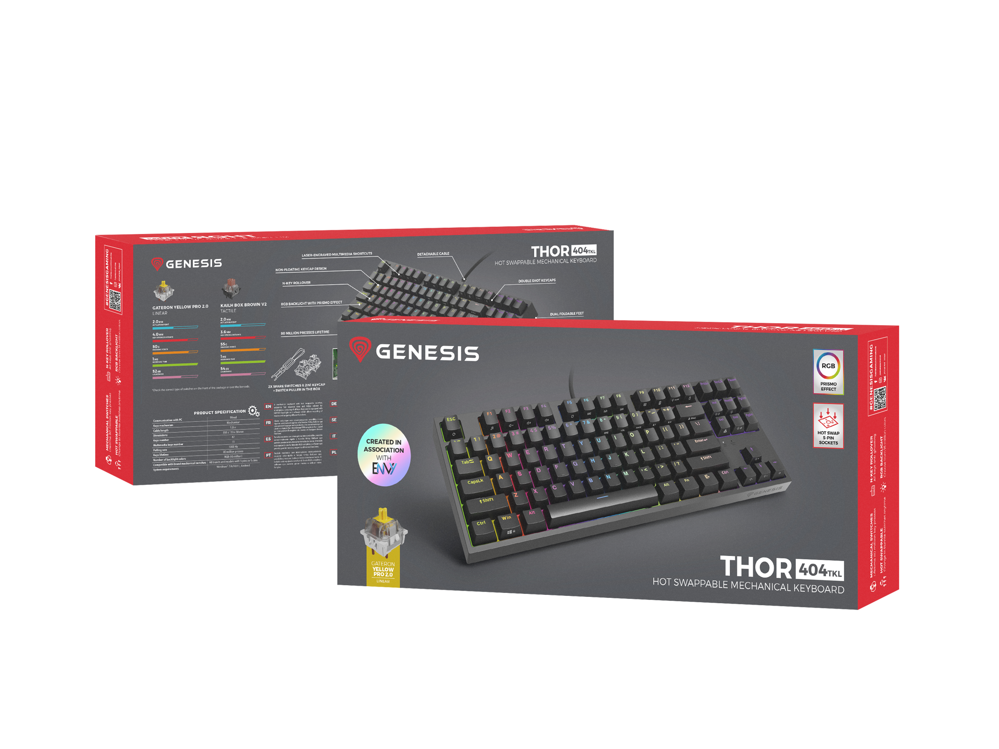 "Genesis" mechaninė žaidimų klaviatūra THOR 404 TKL RGB mechaninė žaidimų klaviatūra Laidinė JAV Gateron Yellow Pro USB Type-A 1005 g