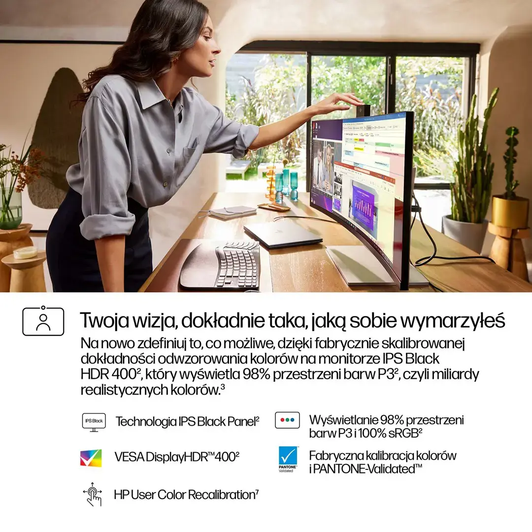 HP 734pm Series 7 Pro Curved Conferencing Monitor - 34" 3440x1440 WQHD 400-nit 120Hz AG, Curved, IPS HDR, USB-C(100W/65W/15W)/HDMI/DisplayPort Daisy-Chain, 5x USB-A, speakers, 5MP webcam, RJ-45 LAN, height adjustable/tilt/swivel, 3 years