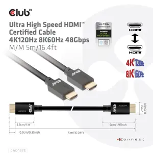 CLUB3D Ultra High Speed HDMI™ Certified Cable 4K120Hz 8K60Hz 48Gbps M/M 5m/16.4ft, 5 m, HDMI Type A (Standard), HDMI Type A (Standard), 48 Gbit/s, Audio Return Channel (ARC), Black