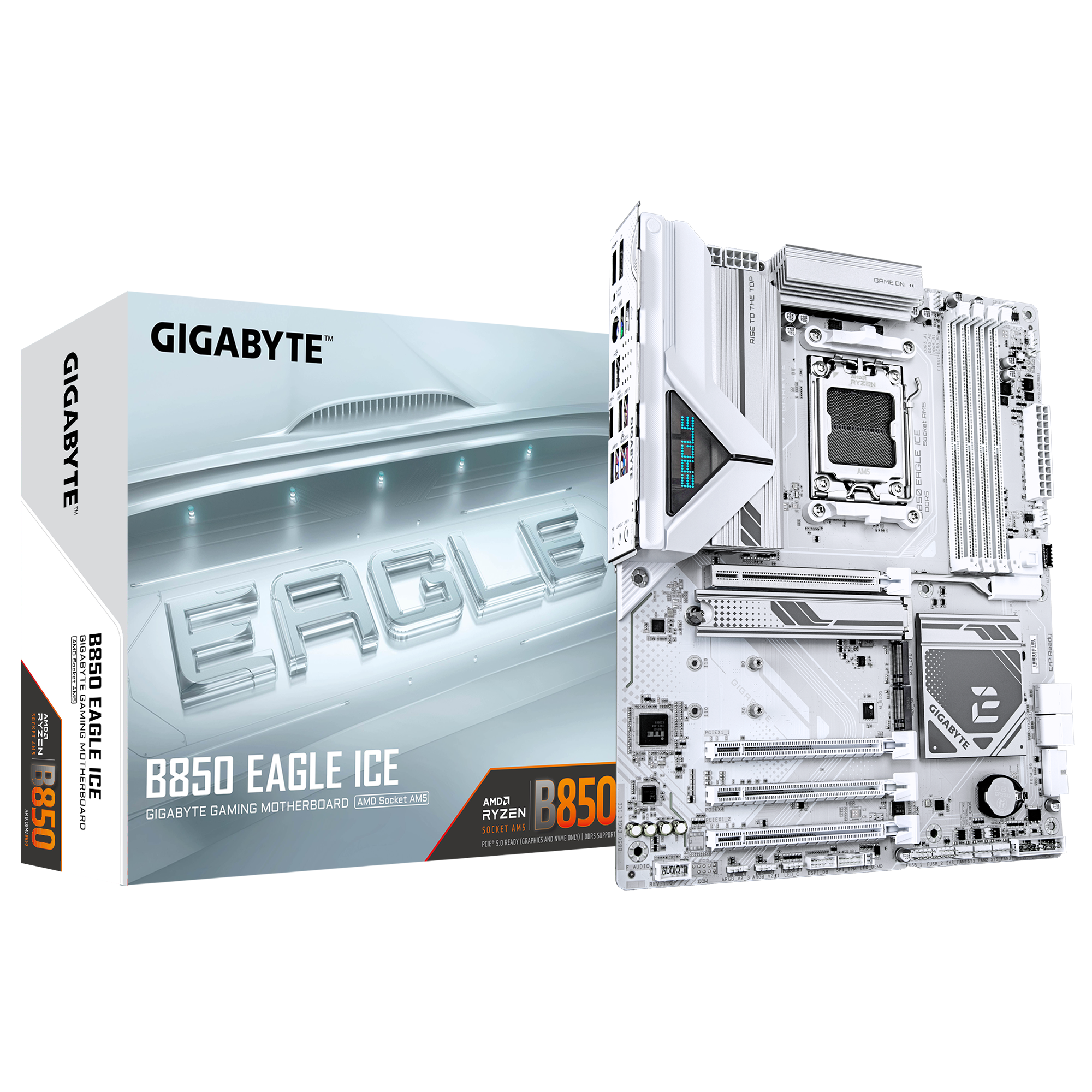 Mainboard GIGABYTE AMD B850 SAM5 ATX Memory DDR5 Memory slots 4 2xPCI-Express 3.0 1x 1xPCI-Express 4.0 4x. 1xPCI-Express 5.0 16x 3xM.2 1xHDMI 1xDisplayPort 4xUSB 2.0 2xUSB 3.2 1xUSB-C 1xRJ45 3xAudio port B850EAGLEICE
