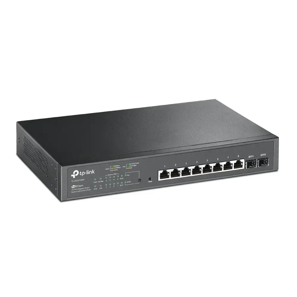 "TP-Link JetStream" 10 prievadų Gigabit Smart PoE komutatorius su 8 prievadais PoE+, valdomas, L2/L2+, Gigabit Ethernet (10/100/1000), maitinimas per Ethernet (PoE), montuojamas į stovą, 1U