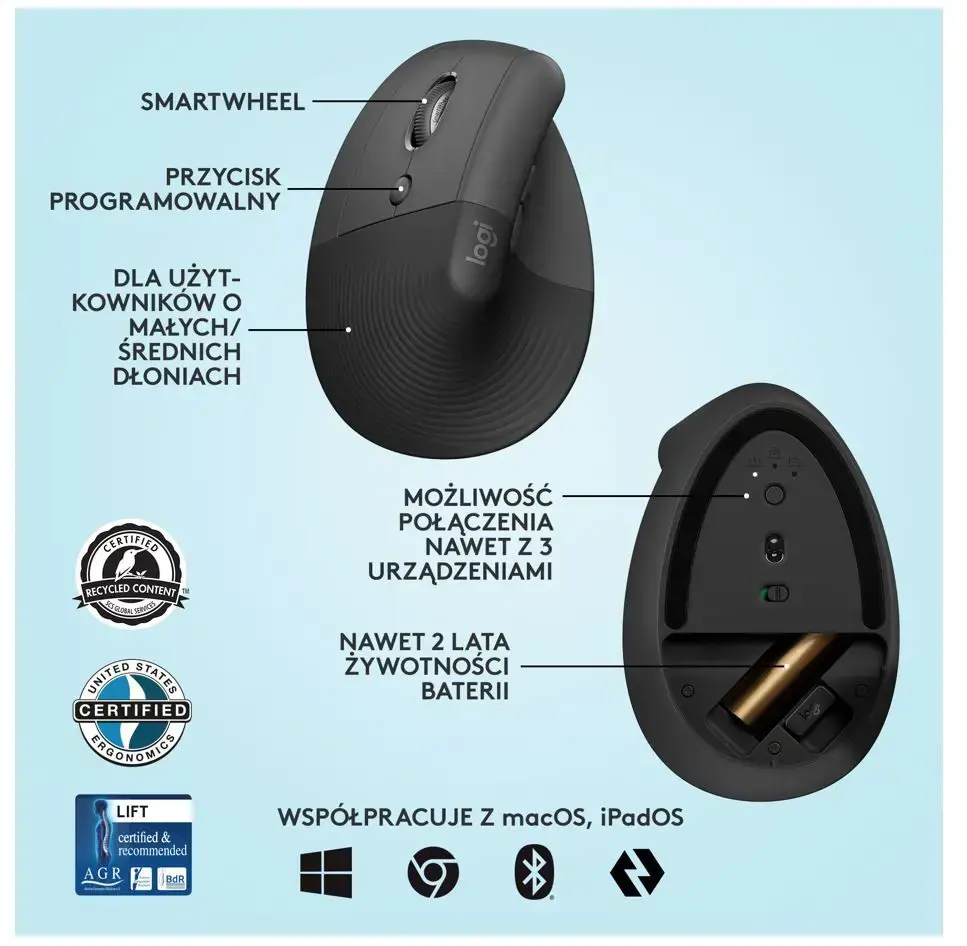 "Logitech Lift Left Vertical" ergonominė pelė, kairioji, vertikalios konstrukcijos, optinė, RF belaidis ryšys + "Bluetooth", 4000 DPI, grafito spalvos