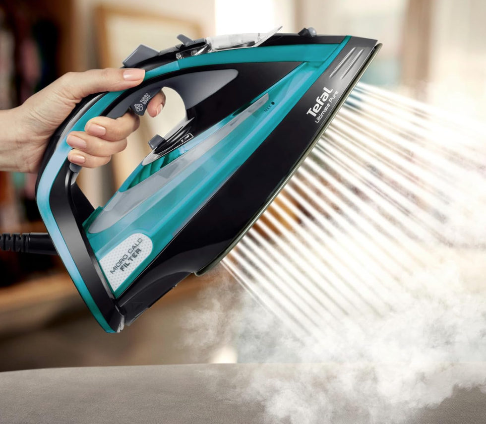 "Tefal Ultimate Pure FV9844", sausas ir garų lygintuvas, "Durilium Autoclean" padas, 2,5 m, 250 g/min, juodas, mėlynas, 60 g/min