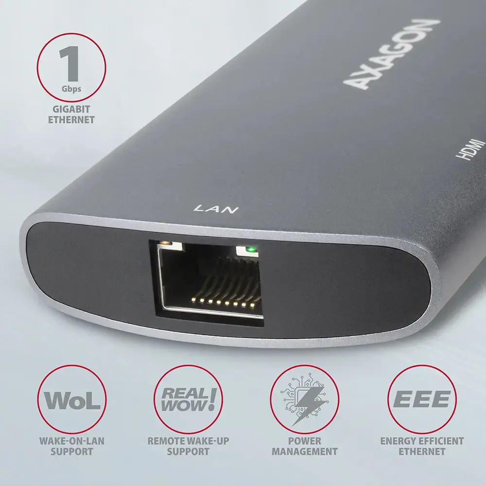 Axagon HMC-6M2 SUPERSPEED USB-C COMBO 6IN1 HUBMultiport USB 3.2 Gen 1 šakotuvas. SATA M.2, HDMI, Gigabit LAN ir Power Delivery. Kabelis USB-C 18 cm.