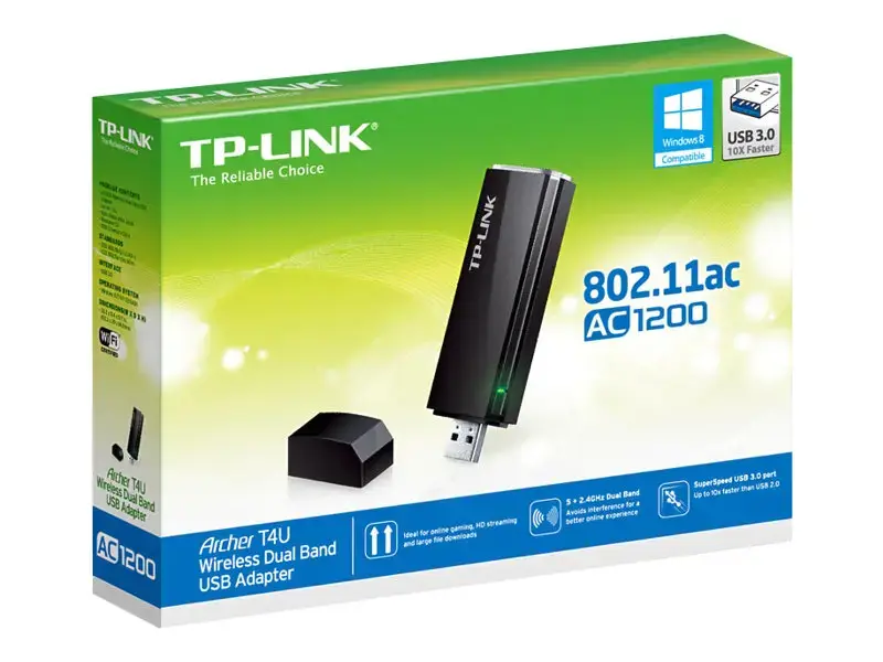 TP-Link AC1200 belaidis dviejų dažnių juostų USB 3.0 adapteris 1200Mb/s USB3.0/2.0 300Mb/s 2,4 GHz dažniu + 900Mb/s 5 GHz dažniu 802.11a/b/g/n/ac, WPA2/WPA