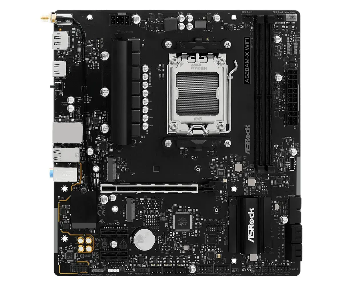 Mainboard ASROCK AMD A620 Socket AM5 micro ATX RAM DDR5-SDRAM 2xSlots Wi-Fi Yes Bluetooth Yes 1xNumber of M.2 (M) slots A620AM-XWIFI