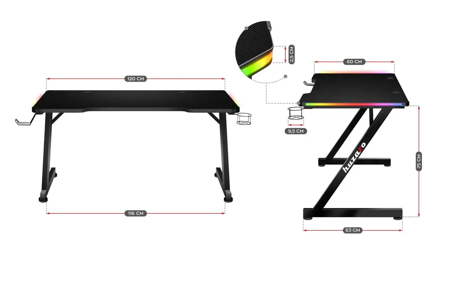 Žaidimų stalas huzaro Hero 2.5 RGB LED, Juoda