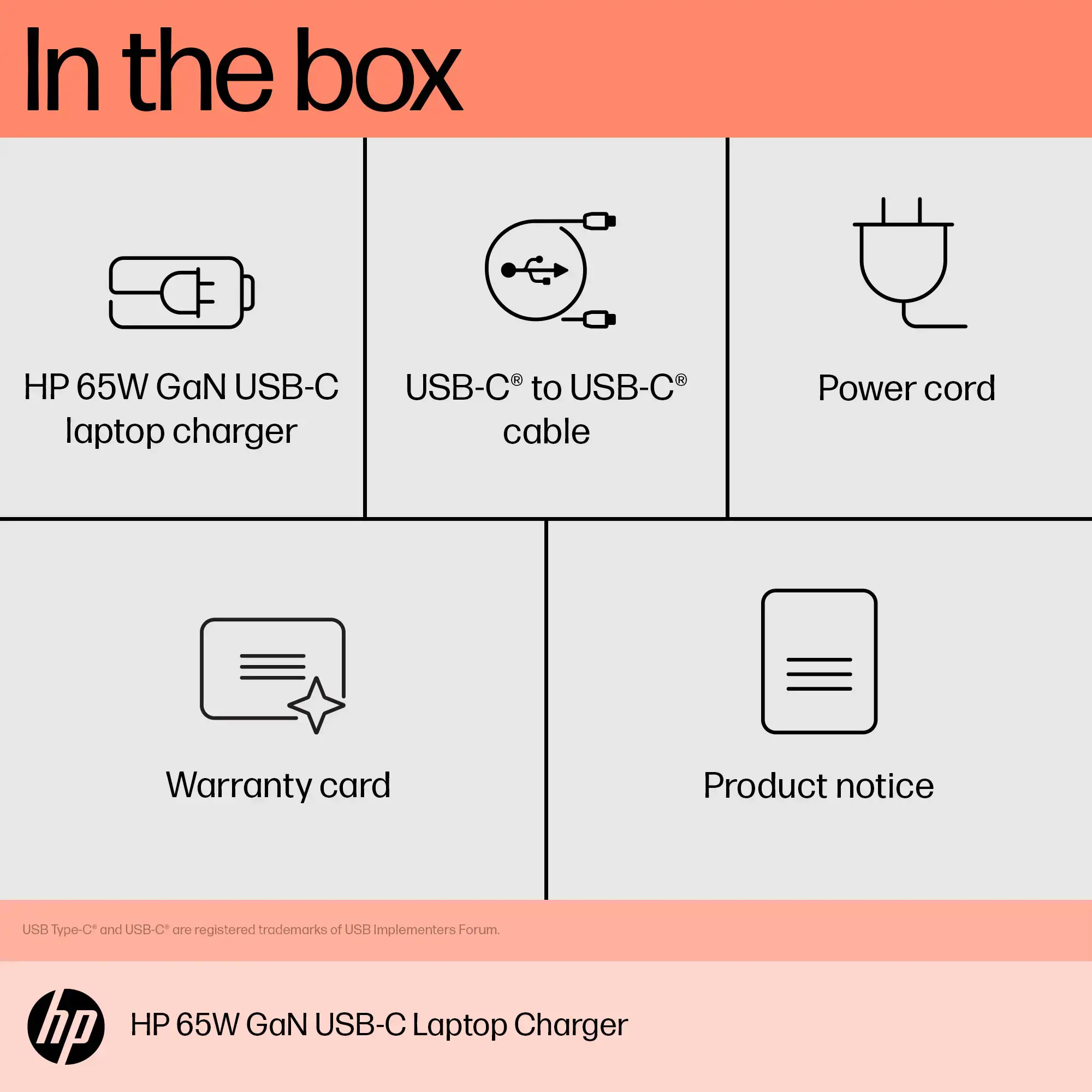 HP 65W GaN USB-C nešiojamojo kompiuterio įkroviklis, vidinis, USB, 1 m, juodas