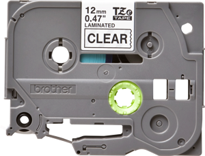 Brother ženklinimo juosta 12 mm, juoda ant skaidrios, ištisinė etiketė, TZe, pilka, terminis perkėlimas, Kinija