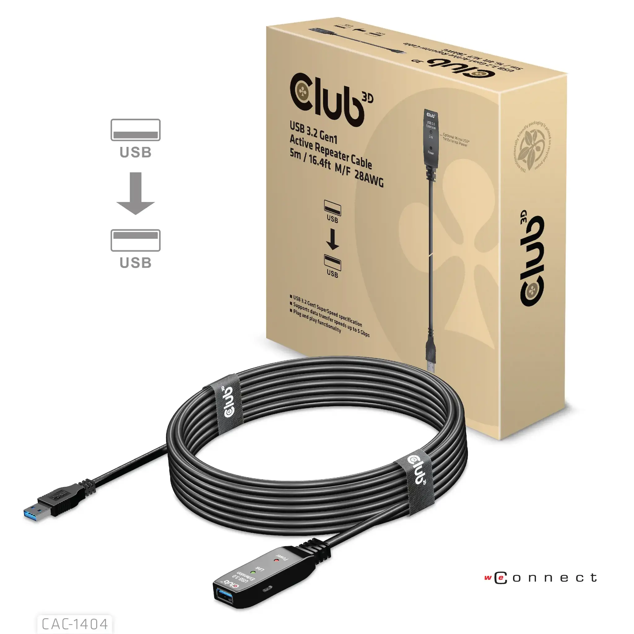 CLUB3D USB 3.2 Gen1 Active Repeater Cable 5m/ 16.4 ft M/F 28AWG, 5 m, USB A, USB A, USB 3.2 Gen 1 (3.1 Gen 1), Black