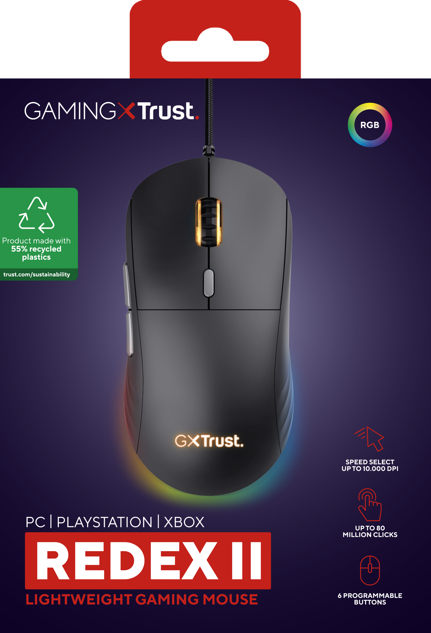 Trust GXT 925 REDEX II, Right-hand, Laser, USB Type-A, 10000 DPI, Black