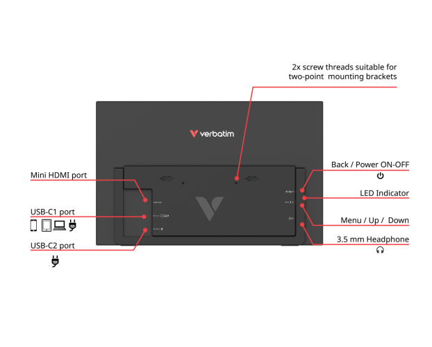 Verbatim 32402 Nešiojamas monitorius LIGHT 15.6'' IPS Touch FHD 1920x1080 10ms 250cd/m2 60Hz, Juoda