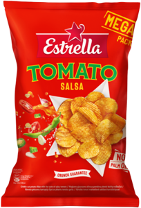 Bulvių traškučiai ESTRELLA, vingiuoto pjaustymo, aštraus pomidorų skonio, 250 g