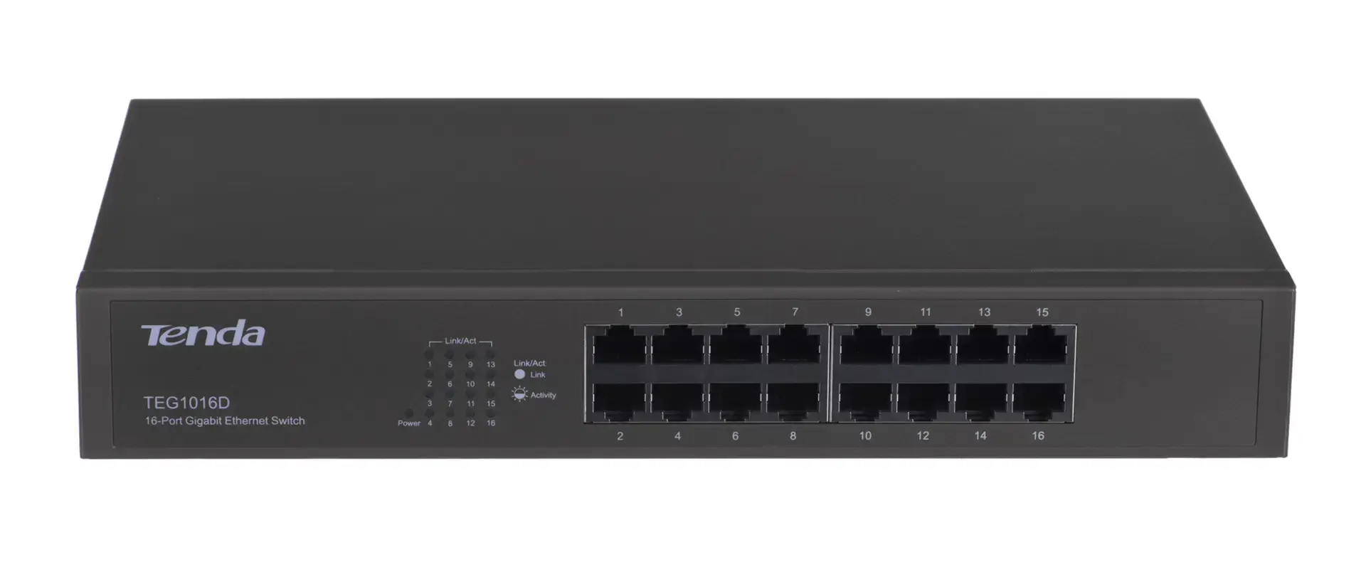 16 prievadų 10/100/1000 Mbps Ethernet komutatorius, IEEE802.3, IEEE802.3u, IEEE802.3z, IEEE802.3ab, automatinis MDI/MDIX, apsauga nuo audros, 11 colių metalinis korpusas su metaliniais tvirtinimo laikikliais, tinkamais montuoti į 19 colių spintą