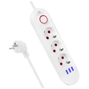 Maclean power strip, 3 socket extension + 3xUSB, 110-240V AC 50/60Hz, 2.1A max 2500W, 1.5m, white, …