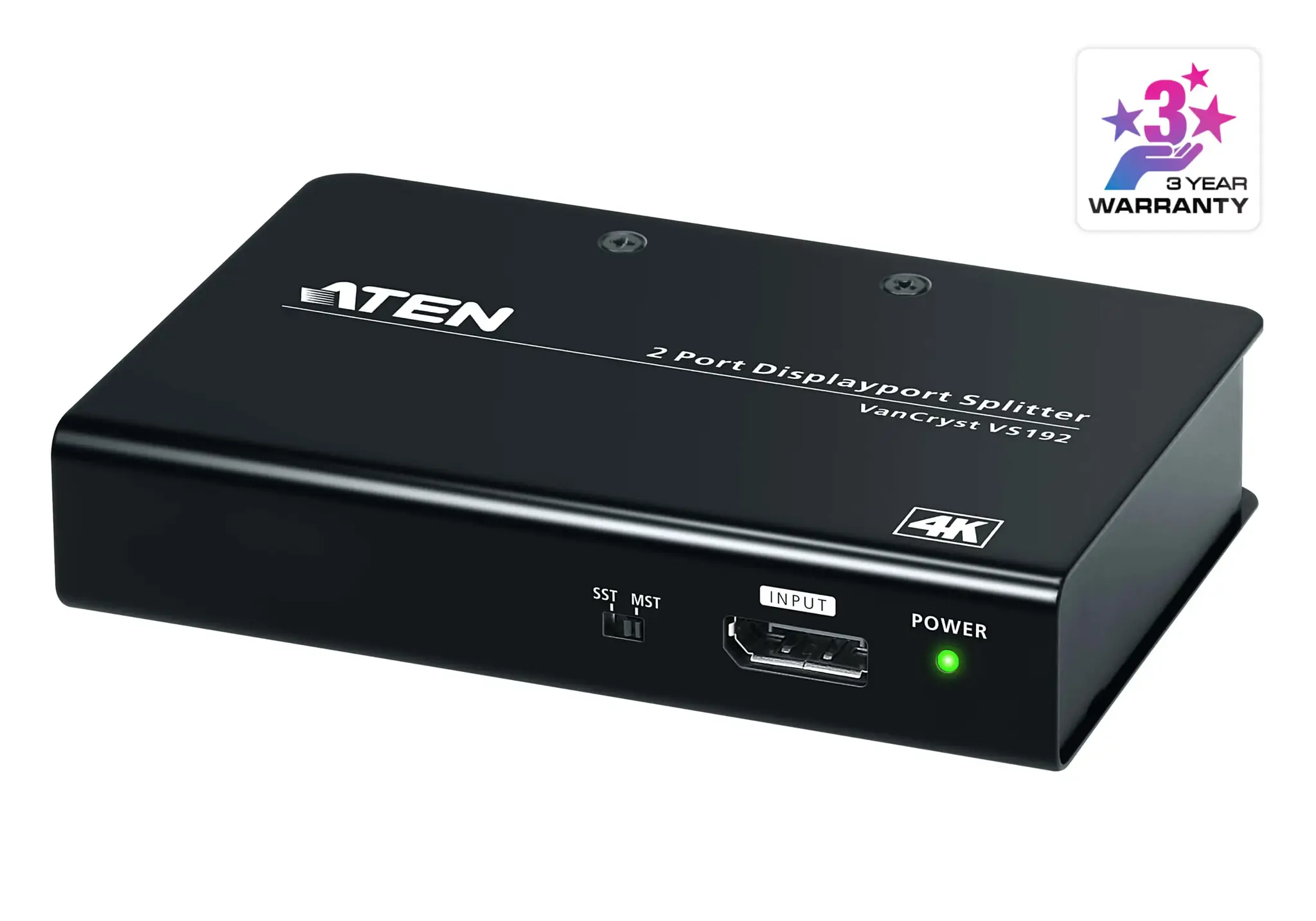 ATEN 2 prievadų 4K DisplayPort 1.2a skirstytuvas, DisplayPort, 2x DisplayPort, 4096 x 2160 taškų, juodas, metalinis, 4K Ultra HD