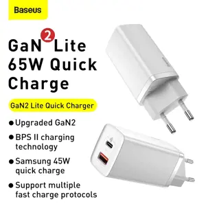 "Baseus GaN2 Lite" greitasis kelioninis įkroviklis USB+C 65W EU White (baltas)
