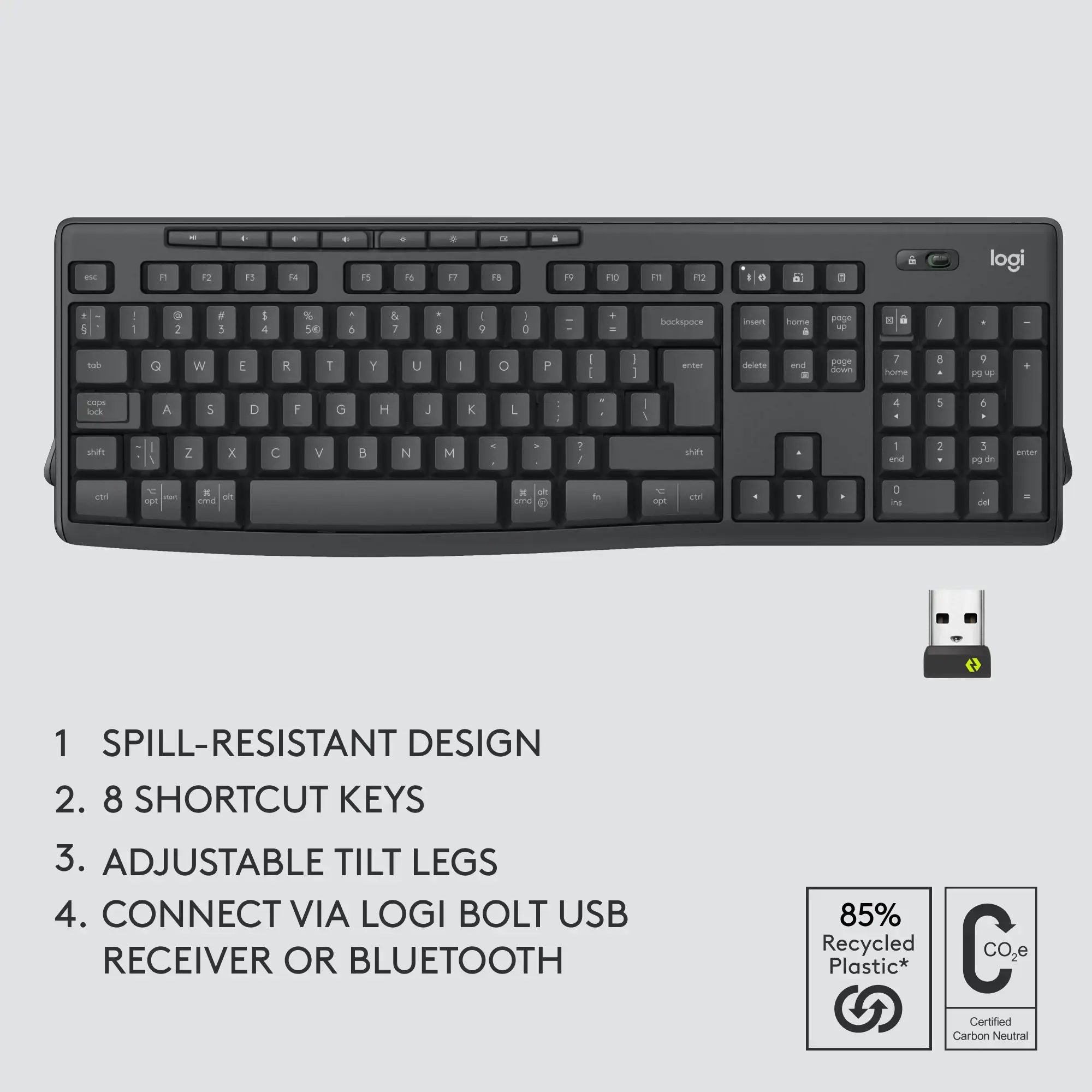Logitech MK370 Combo for Business, Wireless, RF Wireless + Bluetooth, Membrane, QWERTY, Graphite, Mouse included