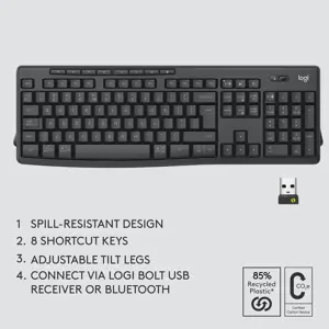 Logitech MK370 Combo for Business, Wireless, RF Wireless + Bluetooth, Membrane, QWERTY, Graphite, Mouse included