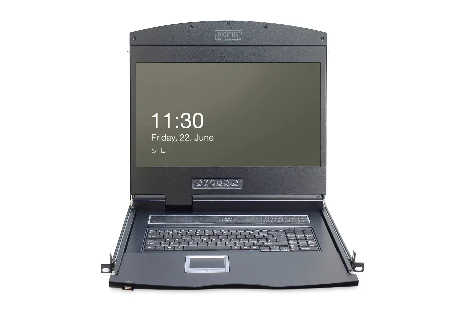 DIGITUS modulinė 48,3 cm 19 colių TFT konsolė su 8 KVM prievadais JAV klaviatūra RAL 9005 juoda spalva