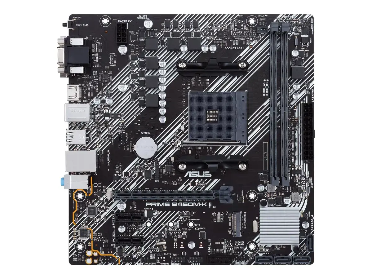 ASUS Prime B450M-K II, AMD, Socket AM4, AMD Ryzen™ 3, 2-osios kartos AMD Ryzen™ 3, AMD Ryzen™ 5, 2-osios kartos AMD Ryzen™ 5, AMD..., DDR4-SDRAM, 64 GB, DIMM