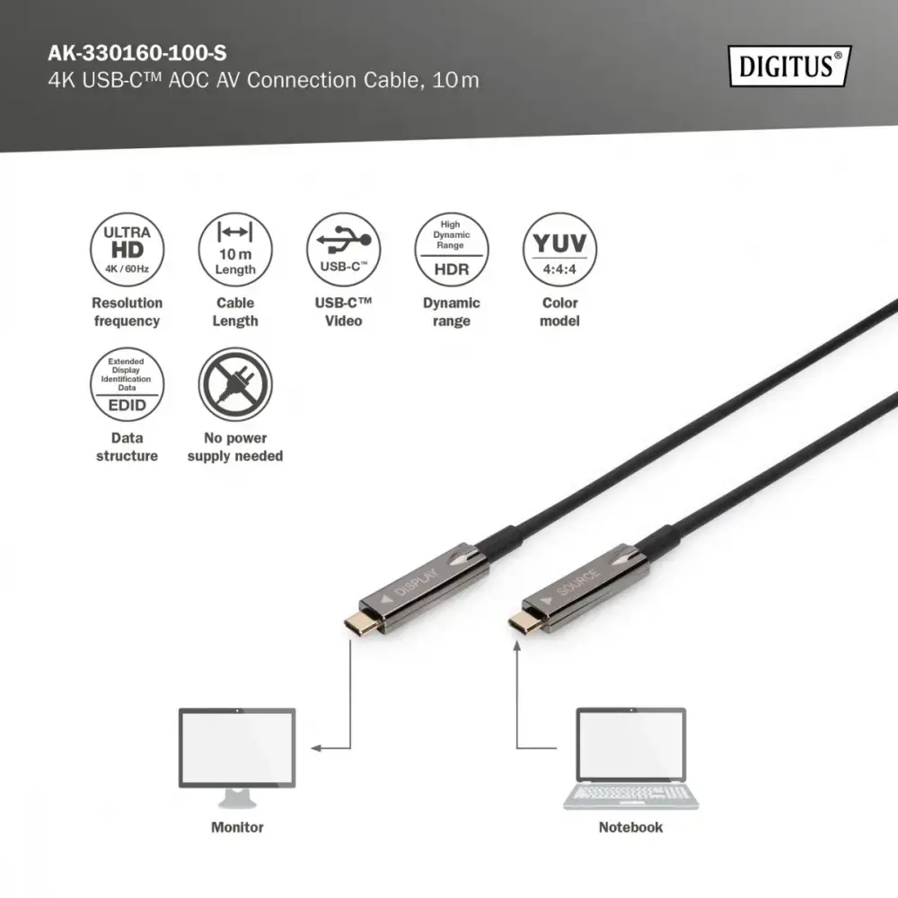 DIGITUS USB Type-C - USB Type-C AOC hibridinis FO kabelis 4K 60Hz USB 3.1 SPEC 10 m