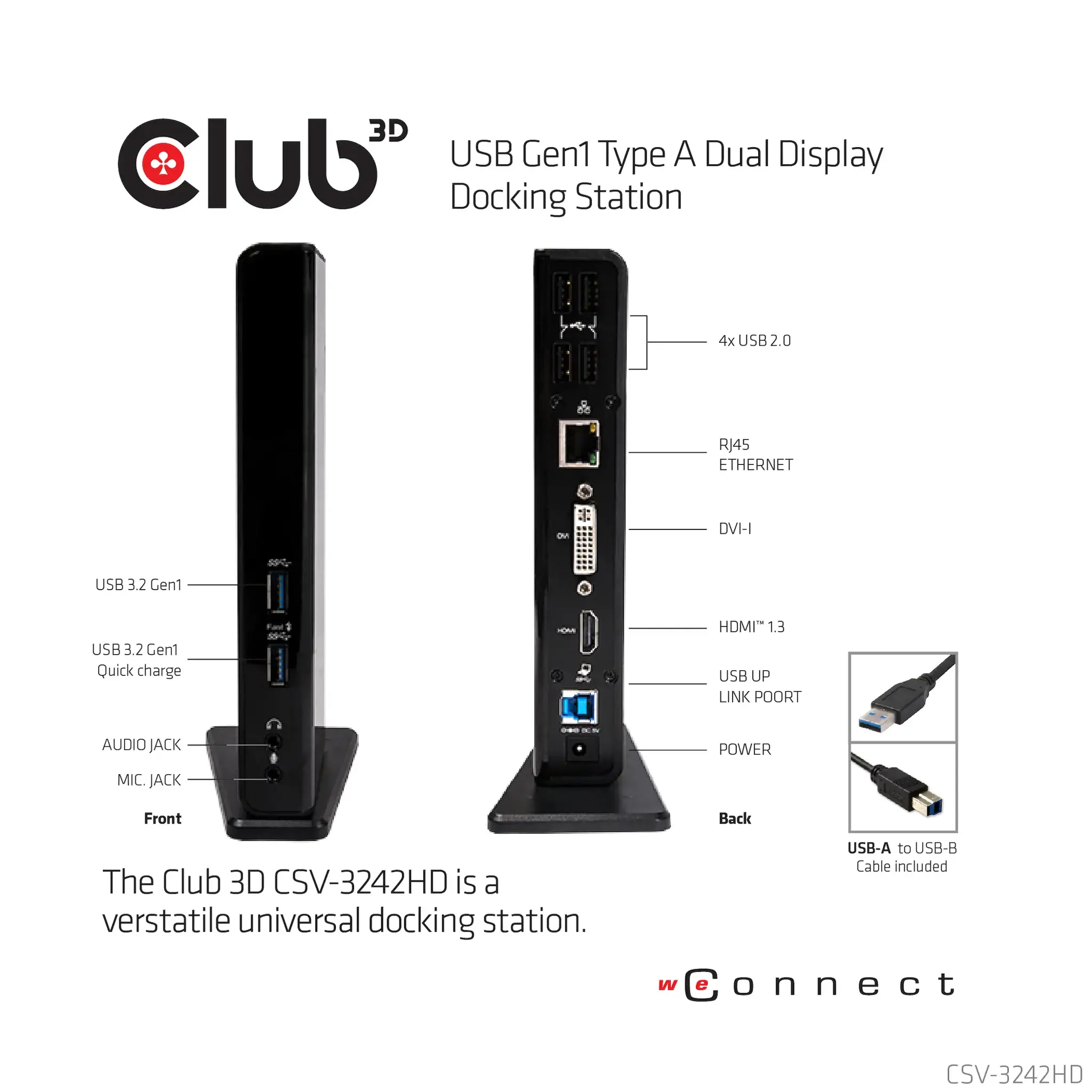 CLUB3D USB Gen1 Type A Dual Display ( HDMI and DVI) DisplayLink™ Docking Station, Wired, USB 3.2 Gen 1 (3.1 Gen 1) Type-A, 1.4a, 3.5 mm, USB Type-B, 10,100,1000 Mbit/s