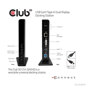 CLUB3D USB Gen1 Type A Dual Display ( HDMI and DVI) DisplayLink™ Docking Station, Wired, USB 3.2 Gen 1 (3.1 Gen 1) Type-A, 1.4a, 3.5 mm, USB Type-B, 10,100,1000 Mbit/s