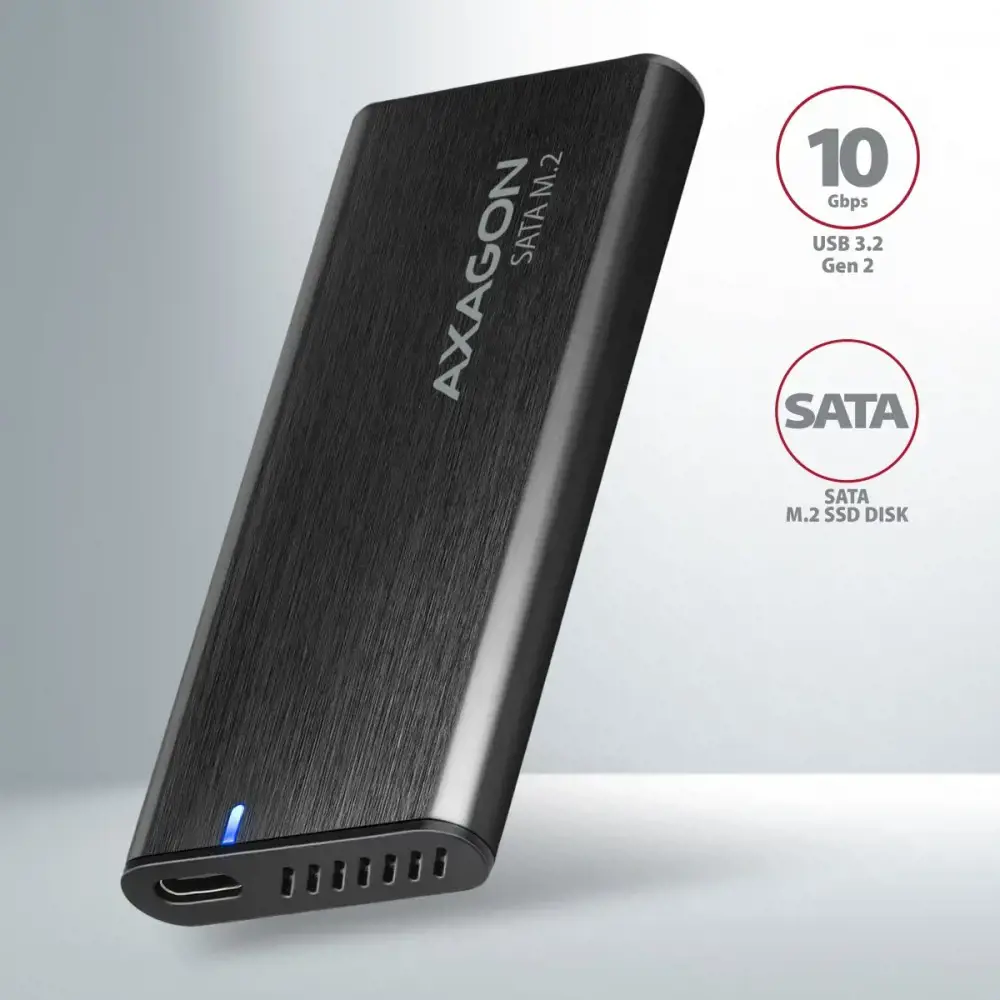 AXAGON EEM2-SBC, M.2 SATA be varžtų RAW dėžutė, juoda, SuperSpeed USB-C 10 Gbps