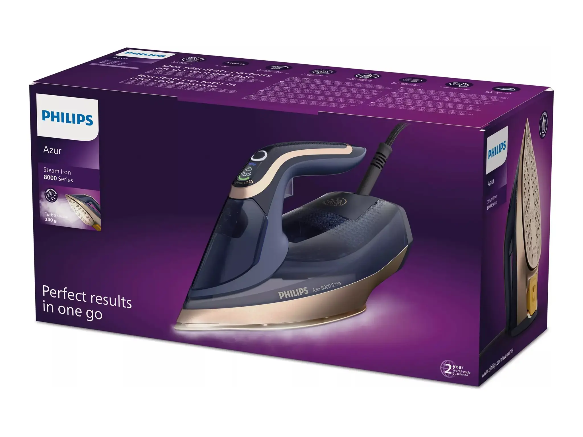 "Philips" DST8050/20, garų lygintuvas, "SteamGlide Elite" padas, 3 m, 260 g/min, mėlynas, auksinis, 85 g/min